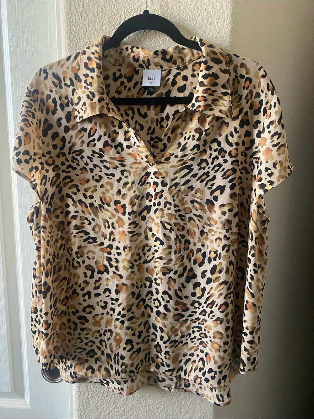 CAbi Leopard Print Short-Sleeve Button Down Blouse - Tan, Black, Brown